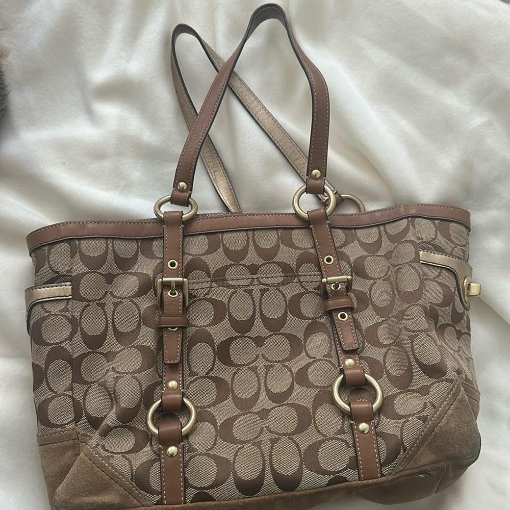 Coach Signature Gallery Tan Brown Canvas Leather Suede Tote Bag